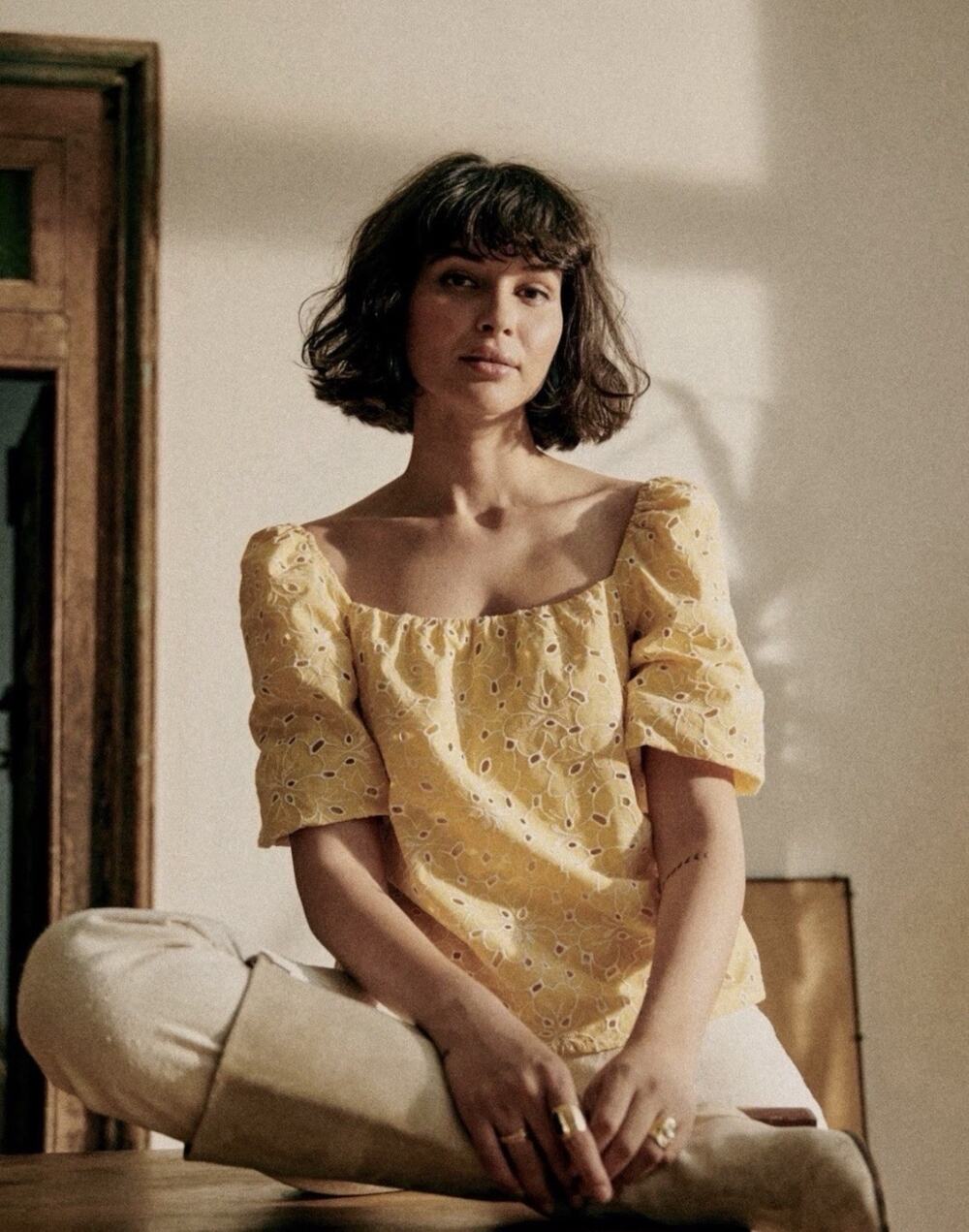Sezane Lois Blouse Ecru Yellow Puff Sleeve Women’s Size 40 US 8